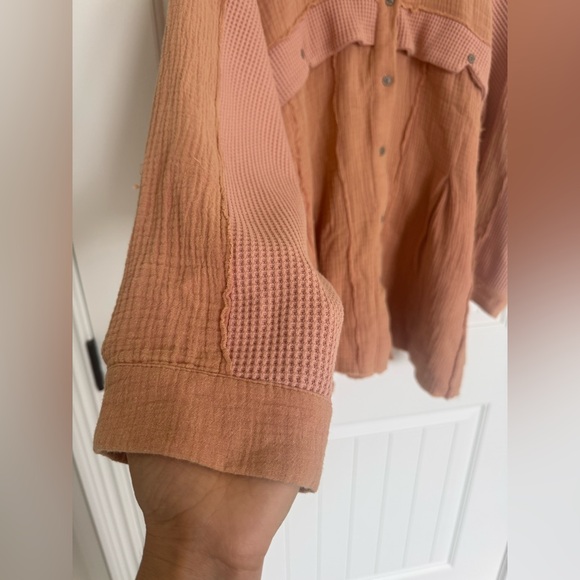 POL Lagenlook Waffle Knit Gauze Oversized Button Down Shacket Top Medium - Picture 4 of 9